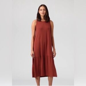 Eileen Fisher Fine Jersey Tiered Midi Dress Picante Red Orange XS EUC Tencel